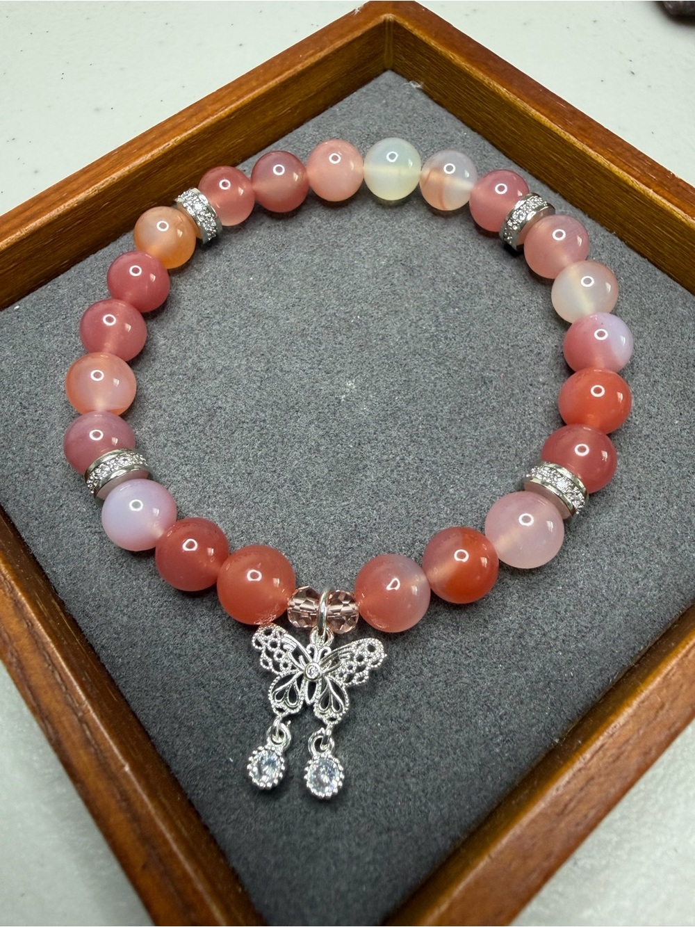 Pink Agate Beaded Bracelet with Silver Butterfly Charm